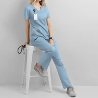 solid color nursing scrubs women uniforms elasticity pet clinic nurse v neck medical doctor work clothing tops and pants sets