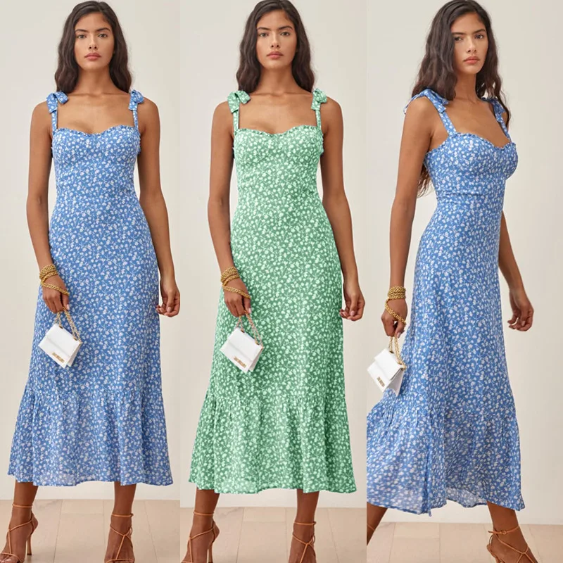 

Vintage women dress summer beach chiffon spaghetti strap slim female sexy sling chic mini dresses ruffles printed floral dress
