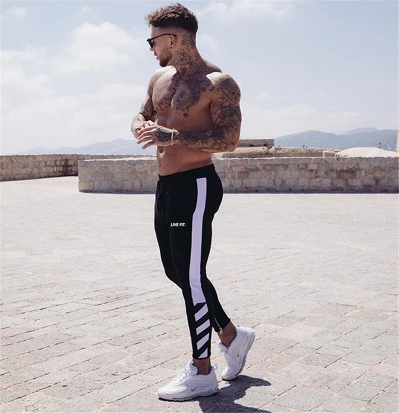 Мужские хлопковые тренировочные брюки с полосками по бокам облегающие штаны для