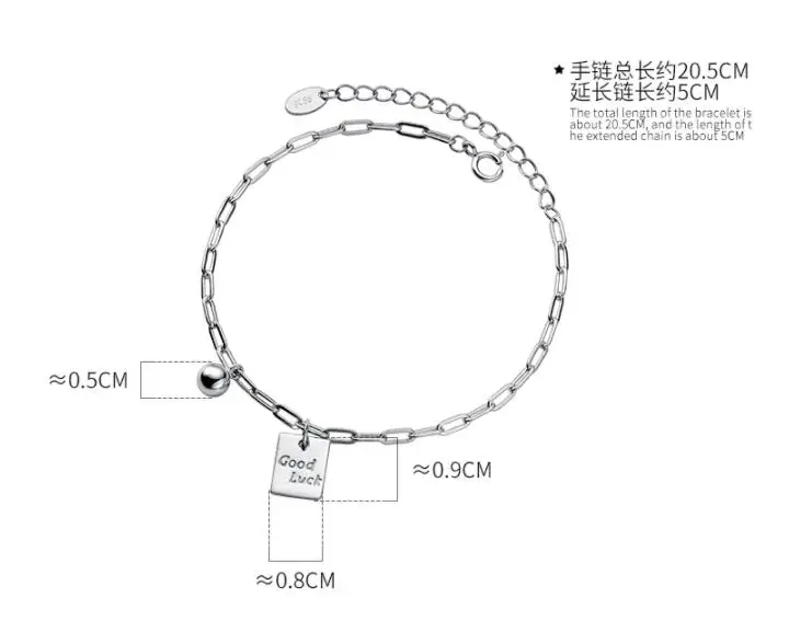

"good luck" letter 100% real. 925 Sterling silver Fine Jewelry O Chain Bracelet Ball Square Charms women's C-S4587