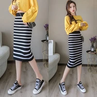 knitted all match black and white striped mid length bag hip high waist slim woman 2021 spring and summer new knee skirt women