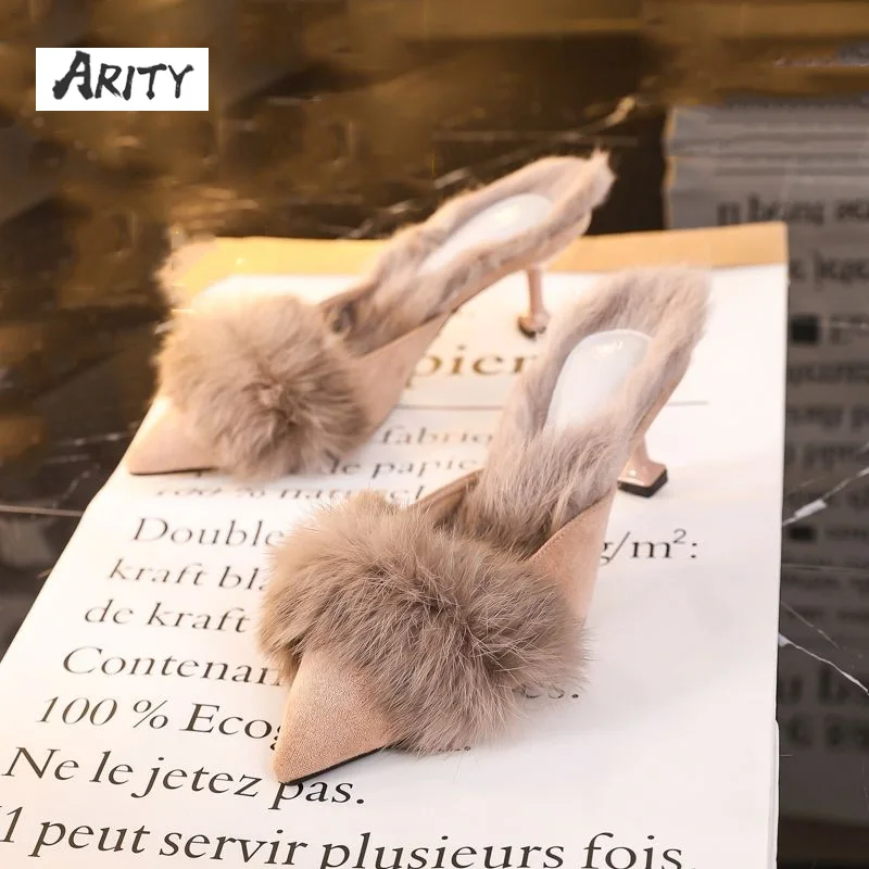 Real Fur Slippers Women's Outer Wear Slippers 2022 Spring Autumn French Fashion Pointed High Heels Stiletto Single Shoes Women