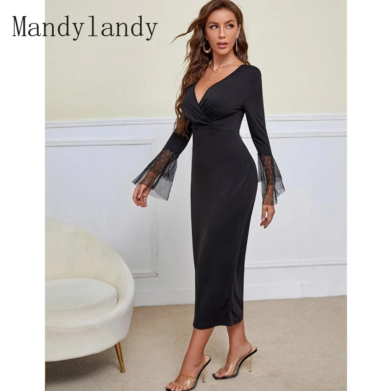 

Mandylandy Dress Women Casual High Waist Flare Sleeve V-neck Pleated Dress Autumn Solid Color Slim Fit Lace Mesh Patchwork Dress