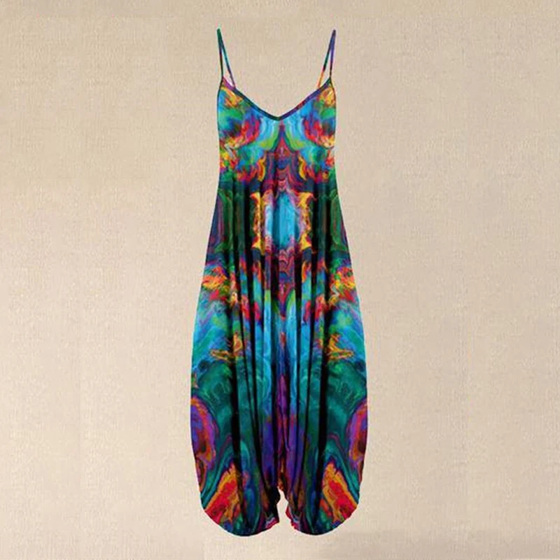 

Sexy V-Neck Casual Print Women Loose Romper Summer Sling Off Shoulder Cropp Trousers Jumpsuit Fashion Vintage Print Playsuit