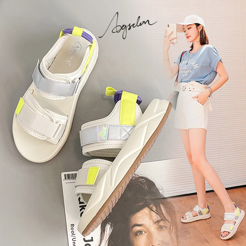 

Sandals Ladies 2021 Outer Wear Casual Sports Beach Shoes Flat Sandals Velcro Shoes Open Toe Beach Shoes Women Heighten Sandals