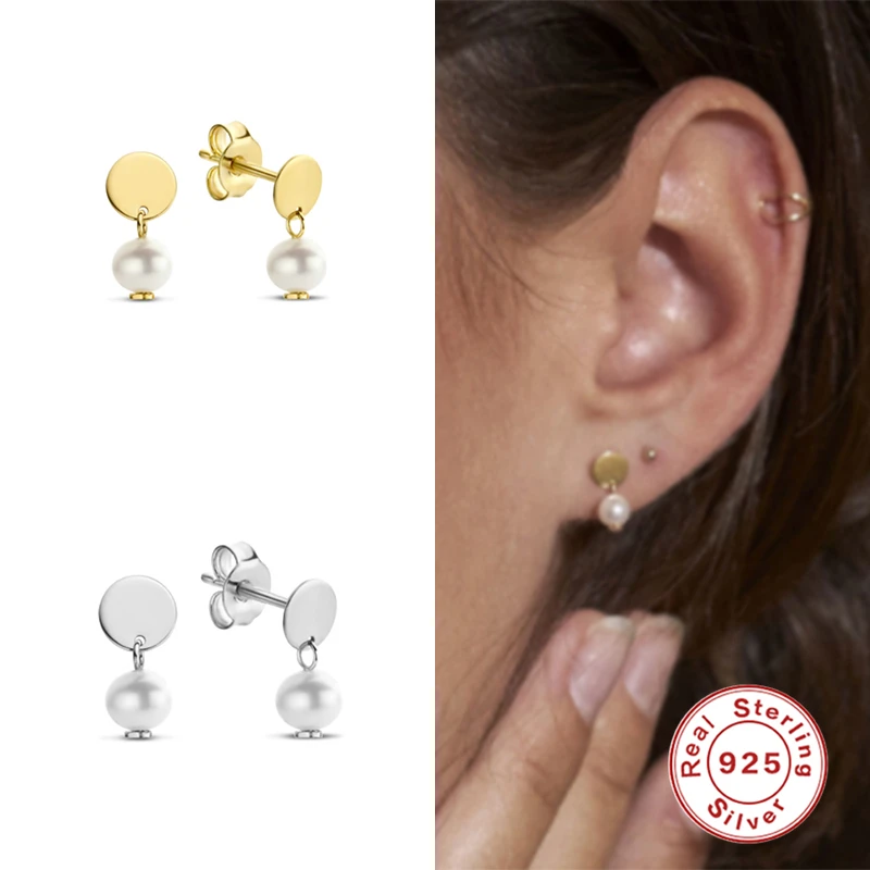 Aide 925 стерлингового серебра круглые серьги гвоздики диски с элегантные жемчужные