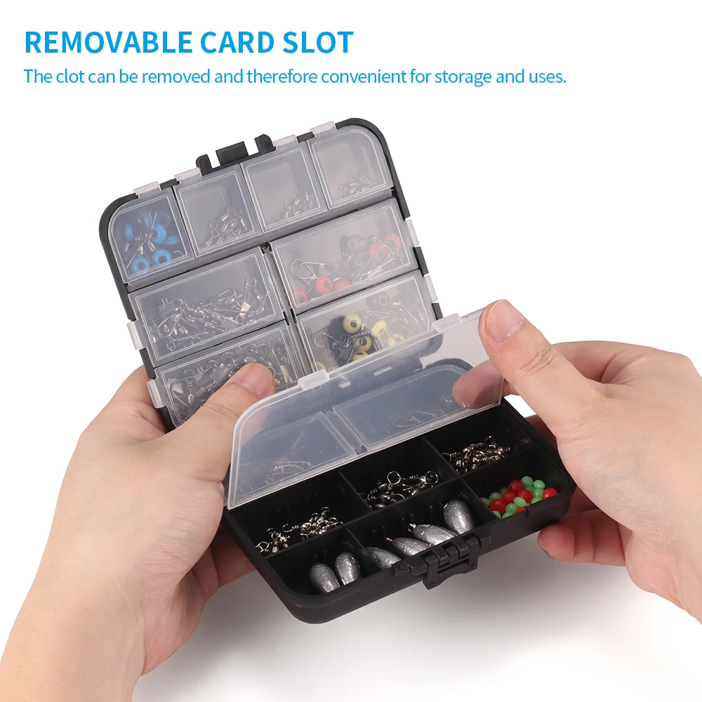 Набор рыболовных принадлежностей из 160 предметов с коробкой для снастей, крючками, грузилами, вертлюгами, стопорами, бусинами и 8-ми словными кольцами.