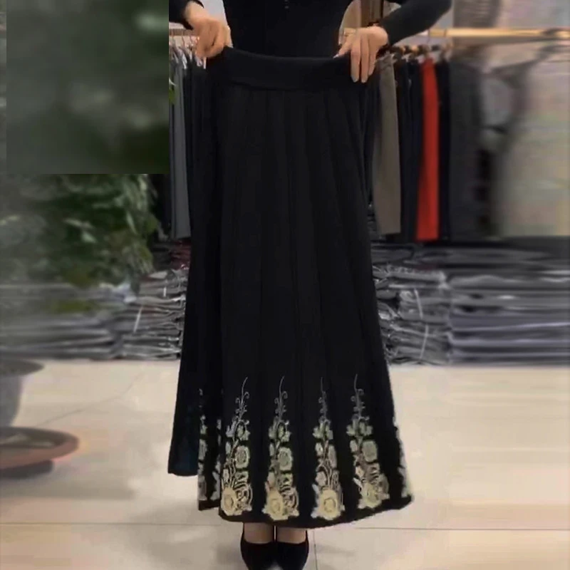 

Casual Slimming Mid-length Female Pleated Skirts Autumn Winter Women's Skirt Ethnic Floral Print Knitted Skirt New