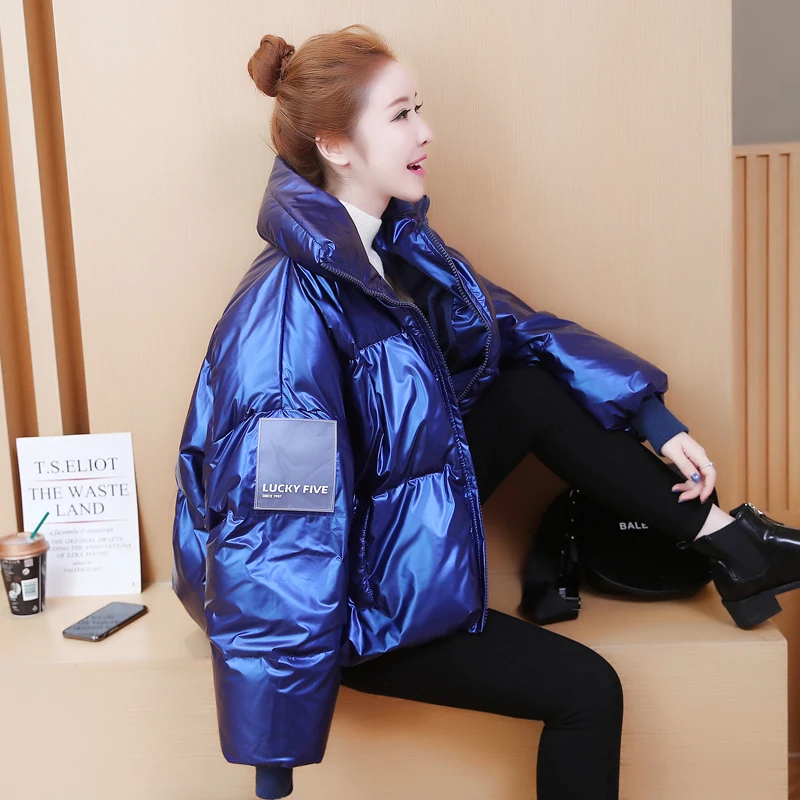 Повседневная Базовая Глянцевая куртка зимняя женская теплая свободная парка