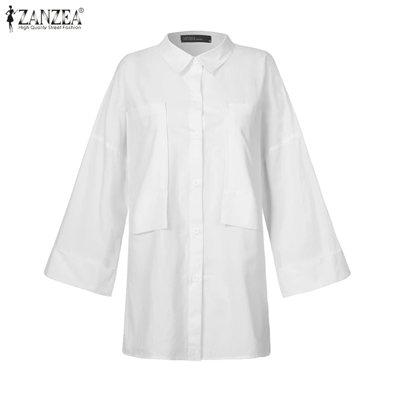 

2021 Vintage Women's Blouse ZANZEA Autumn Casual Solid Pockets Shirts Plus Size 5XL Female Stand Collar Tops Office Ladies Shirt
