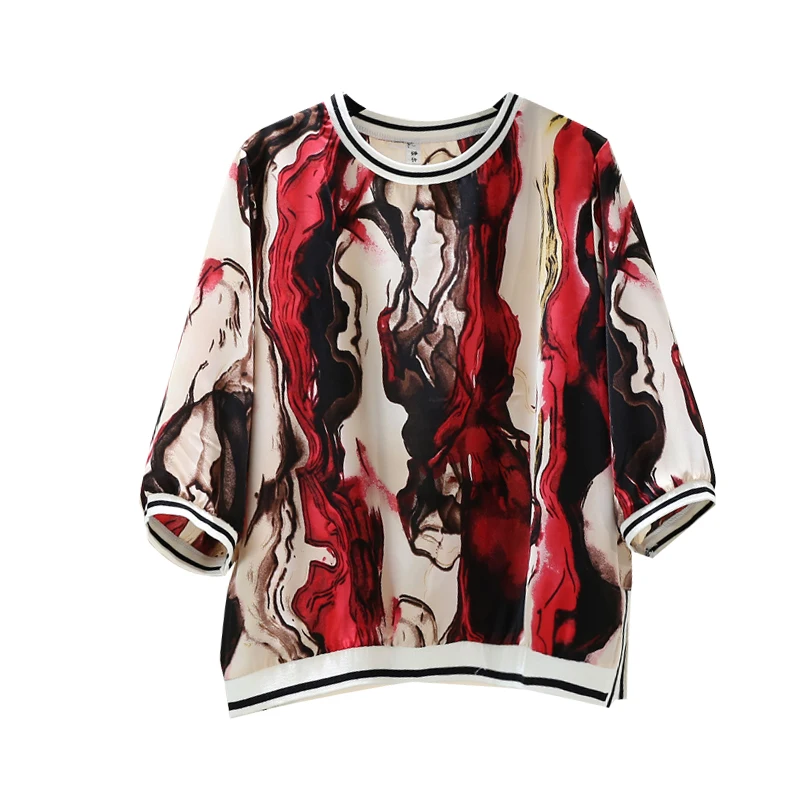 

Half Sleeve Shirt for Women New Loose Slit Printed Round Neck Chiffon Blouse Female Pullover Top Blusas Mujer De Moda 2020