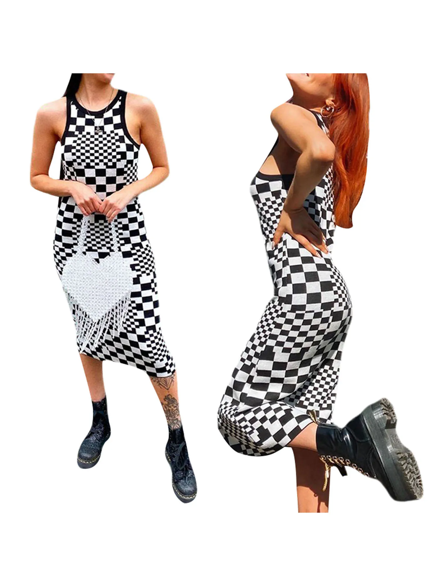 

Women’s Summer Sleeveless Dress Fashion Plaid Round Neck Mid-waist Tight Long Dress