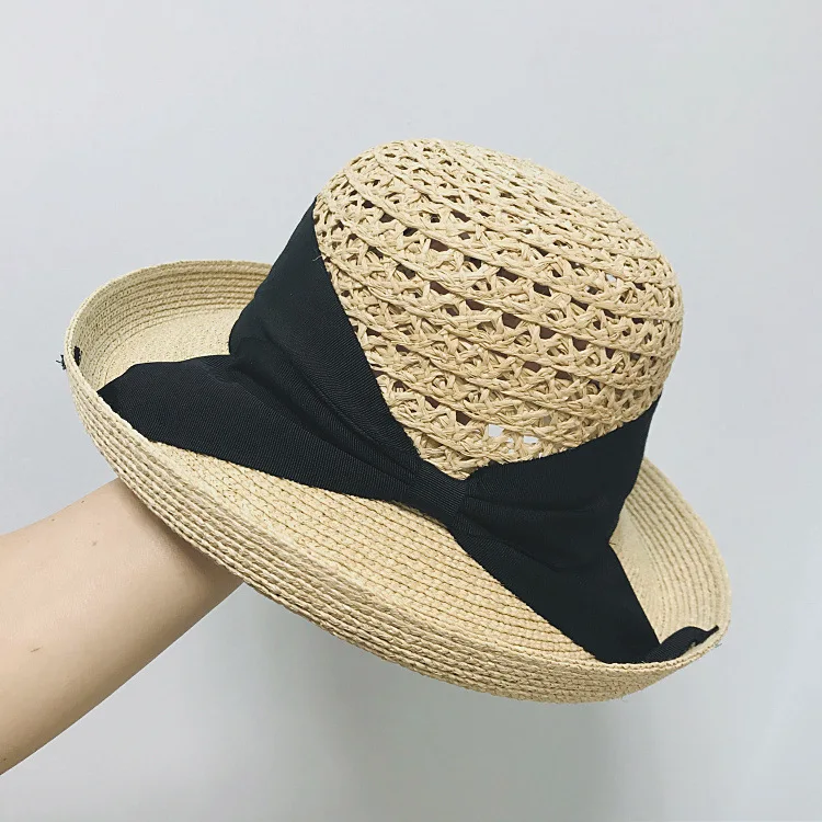 

202103- dudu summer Hollow woven raffia grass color bowknot lady bucket cap women leisure holiday beach hat