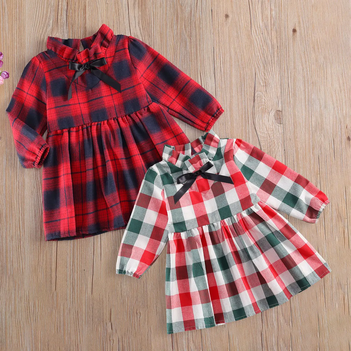 Christmas Baby Autumn Clothing Plaid Stand-Collar Long-Sleeves High-Waist Dress with Back Zipper for Little Girls 6 Months to 5Y |