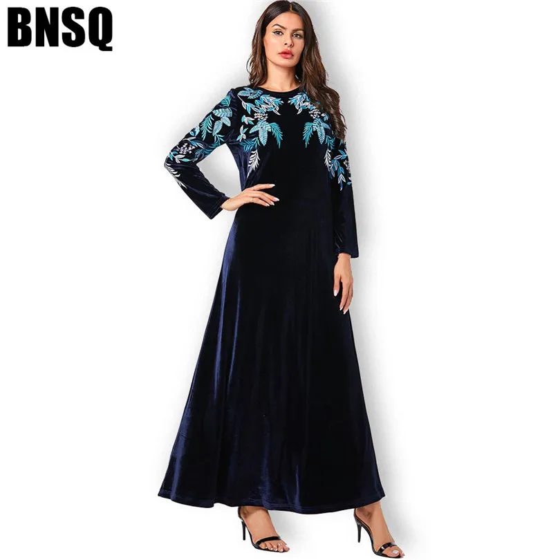 Solid Color Floral Embroidered Gold Velvet Dress Loose Large Size Simple Elegant Muslim Clothing Autumn Winter | Тематическая