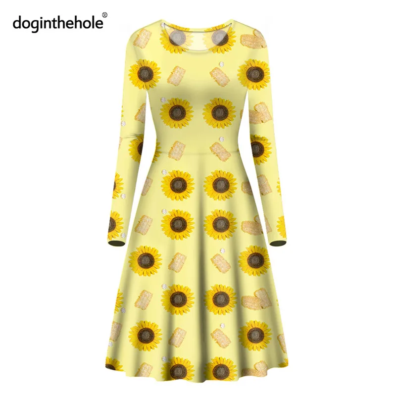 

Women Flared Midi Dress Sweet Yellow Sunflower Print Autumn Warm Long Sleeve O Neck Casual Ladies Sundress Sexy Slim Vestidos