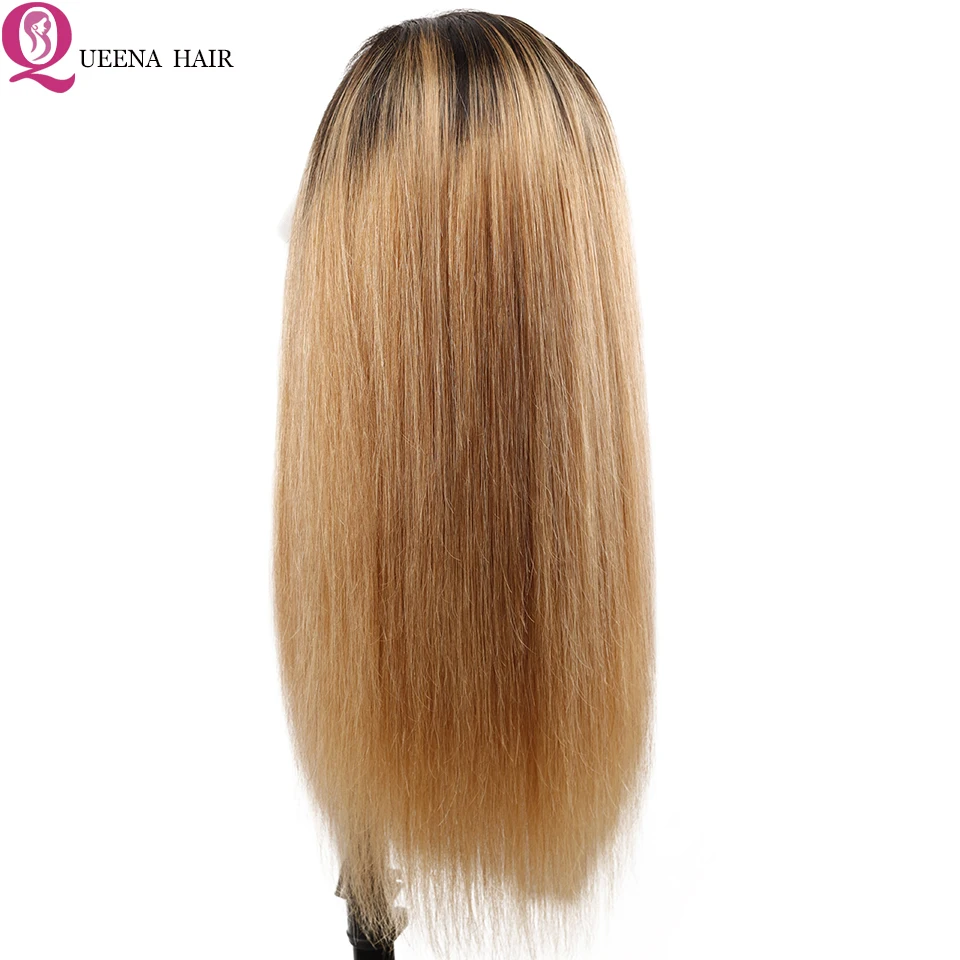 Blonde Ombre Straight Lace Front Wig 1B/27 Human Hair Wigs 13x4 Glueless Frontal Pre Plucked With Baby Remy | Шиньоны и парики