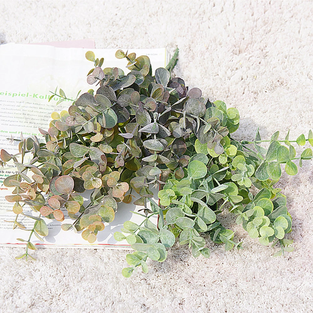 Plantas artificiales de pl&aacute;stico, hojas verdes de eucalipto para jard&iacute;n, jarr&oacute;n, decoraci&oacute;n de boda, Navidad, flores falsas-2