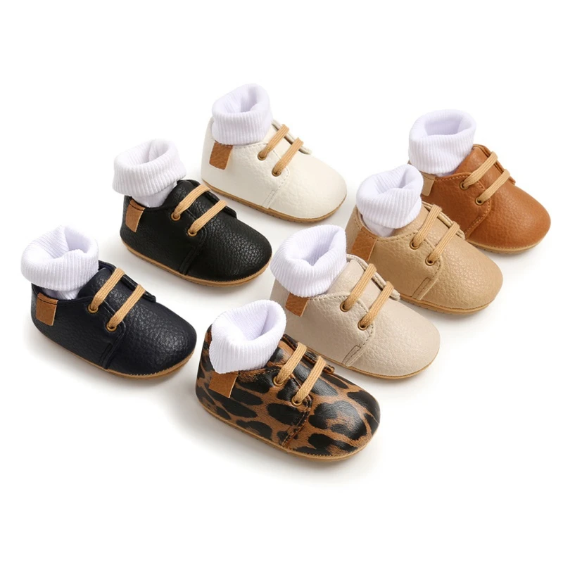 

2022 Baby Boy Leopard Lace-Up Shoes Soft-soled Toddler Shoes + Socks Two Piece