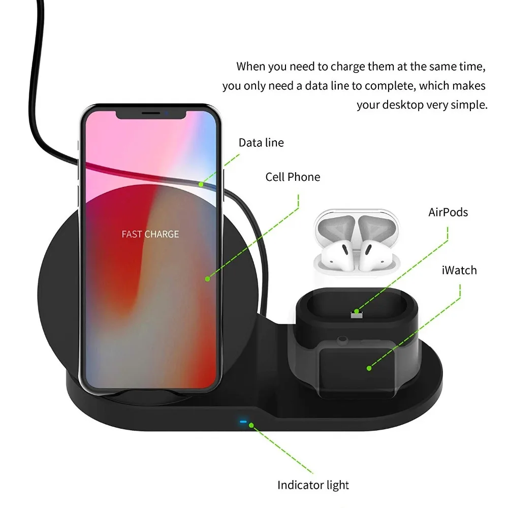 3 в 1 Qi Беспроводная Быстрая зарядка док-станция Подставка для Airpods Apple Watch 4 3 iPhone 8 X XS Max XR 10 Вт Быстрая зарядка для samsung S9 S8 S7