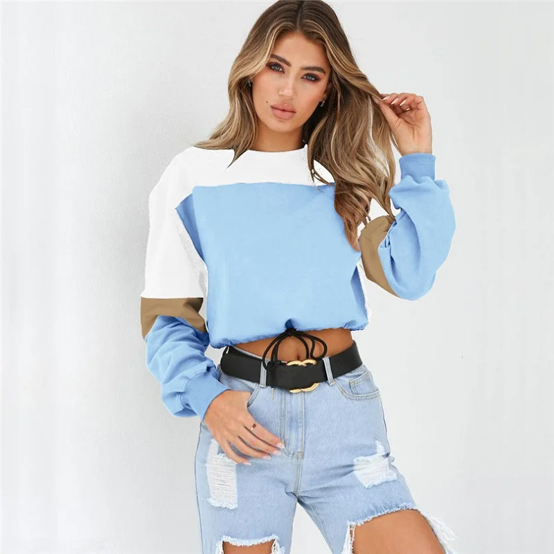 

ZOGAA New Women Sweatshirts Five-Color Tether Stitching Hit Color Long-Sleeved Round Neck Tie Short Top Sweatshirts Women Cloth