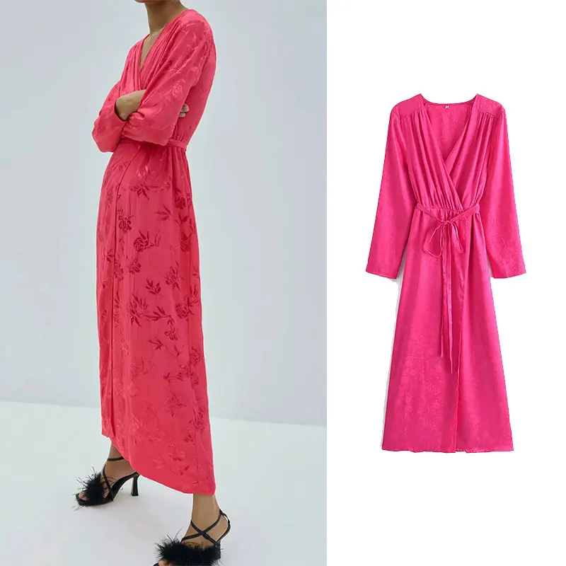 

Женское двубортное жаккардовое платье-миди Za, элегантное розовое длинное вечернее платье с V-образным вырезом и поясом, одежда для осени 2021