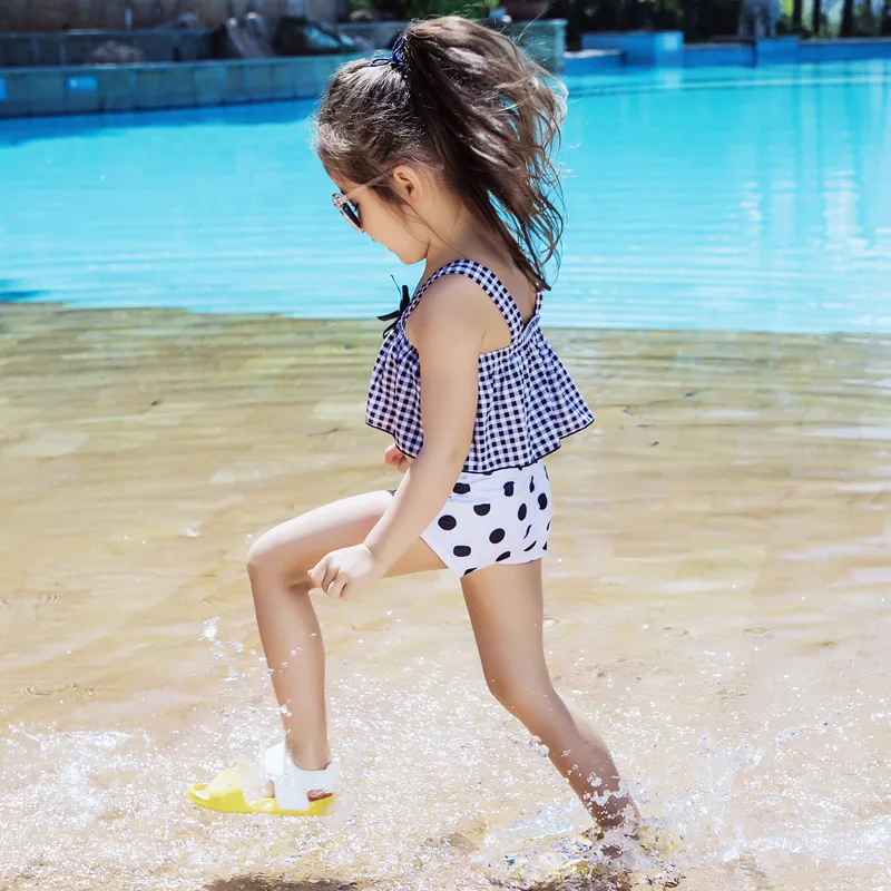 Купальный костюм для маленьких девочек в горошек клетка бикини с высокой талией