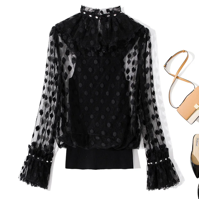 White 2020 Summer Fashion Black Jumpers Women Ruffled Collar Polka Dot Patterns Knitting Long Sleeve Casual Pullover Tops Female | Женская