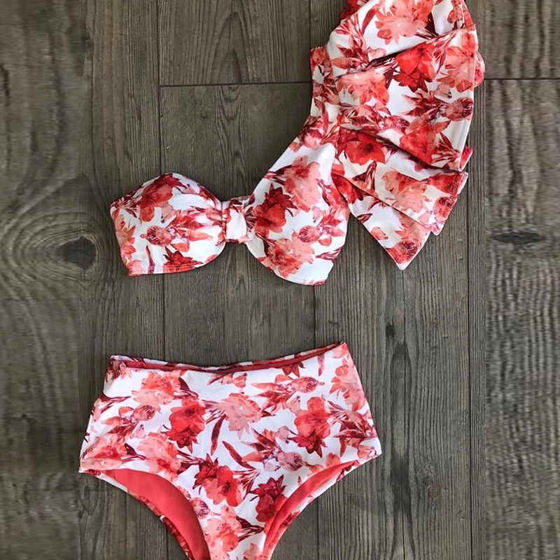 

One Shoulder Bikini Set 2021 Sexy Ruffle Swimwear Women Swimsuit High Waist Bathing Suit Beachwear Red Print Biquini female