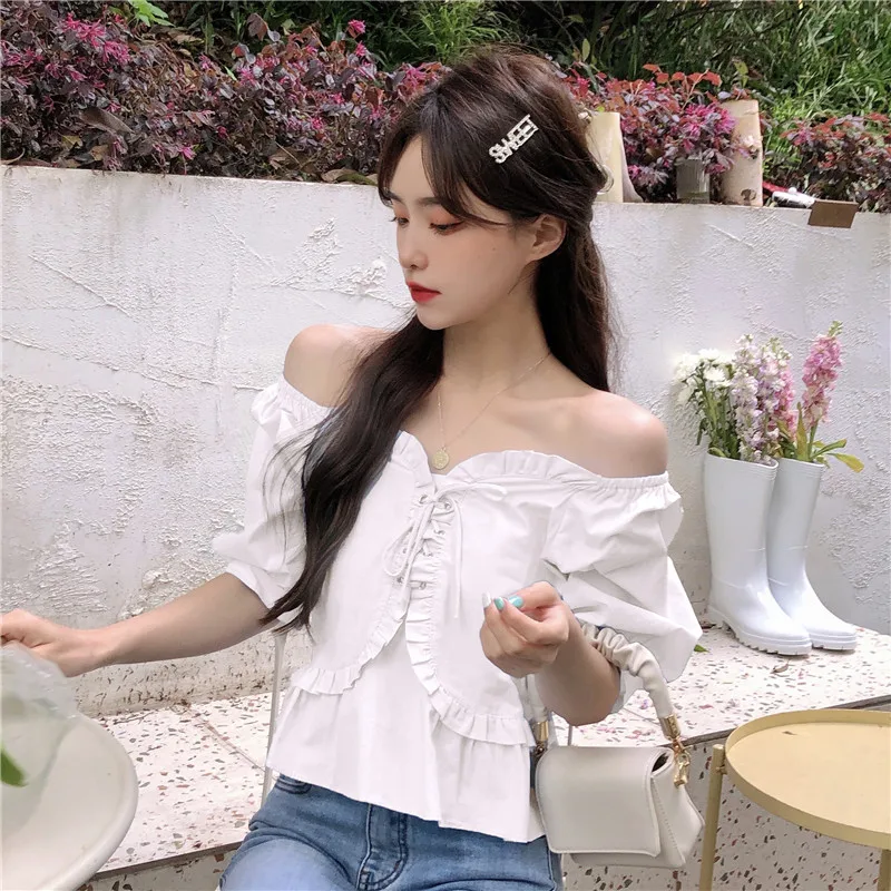 

COIGARSAM French Style blouse women New Summer Vintage Square Collar blusas womens tops and blouses White Blue 5085