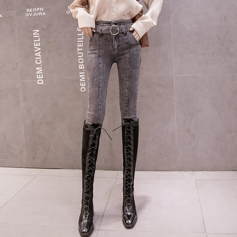 

2020 Autumn new women's web celebrity smoke gray feet tall waist tight jeans show thin joker pencil pants