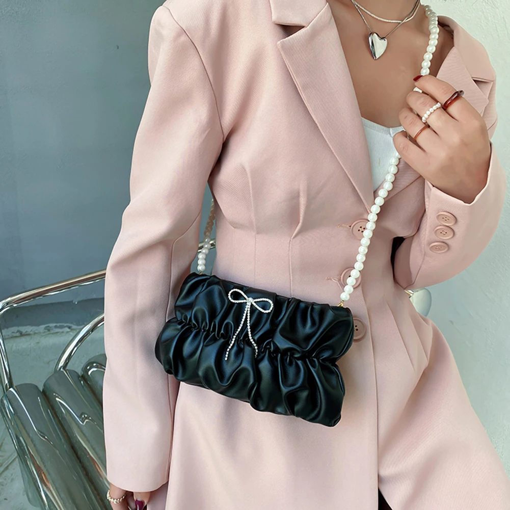 

Versatile Cloud Shaped Shoulder Crossbody Bag Fashion Women PU Leather Rhinestone Bowknot Pleated Shoulder Bag