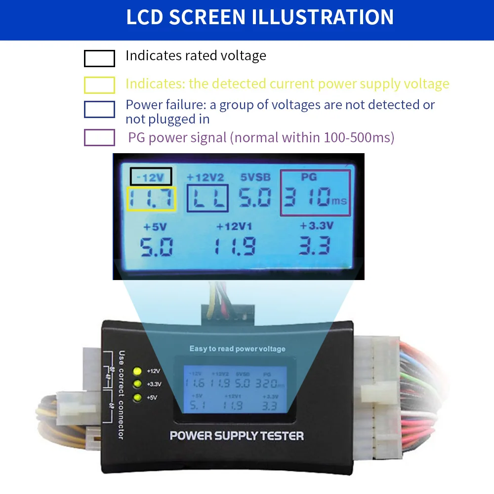 

Digital 20/24 Pin Power Supply Tester LCD Display PC Computer Checker Quick Test Digital LCD Power Bank Supply Tester 20/24 Pin