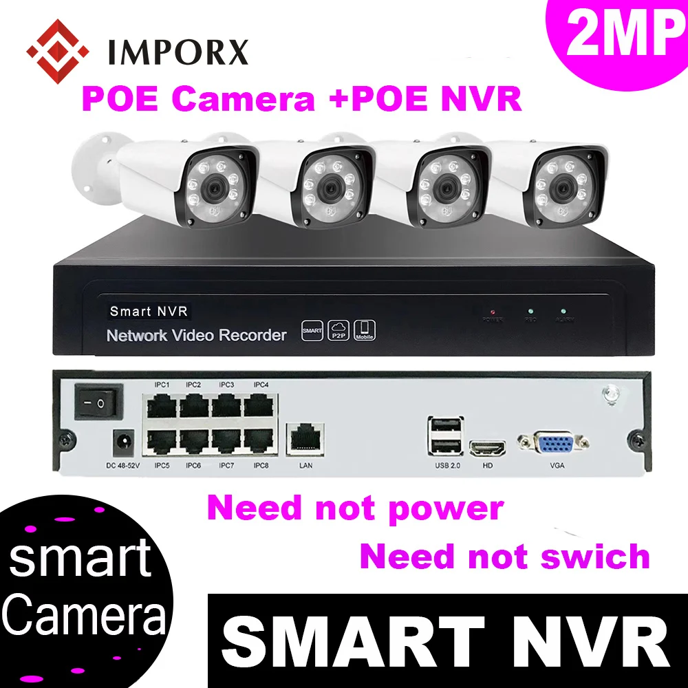IMPORX 4CH HD 1080P POE CCTV видео NVR система 4 шт. 2MP ip камера для улицы защита от атмосферных