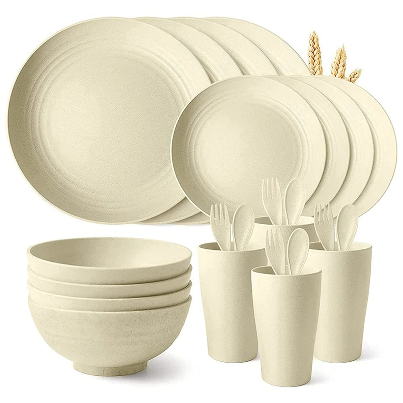 

Dinner Sets, Camping Tableware Dinnerware Sets of 4 (28Pcs), Picnic Camping Party Dinner Plate Mug Cutlery Set, Beige