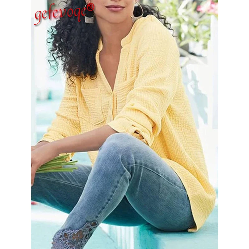 

Blouses for Women Tunic Ladies Tops 2021 Autumn Long Sleeve Buttons Solid Streetwear Casual Oversized Blouse Shirts Blusas Mujer