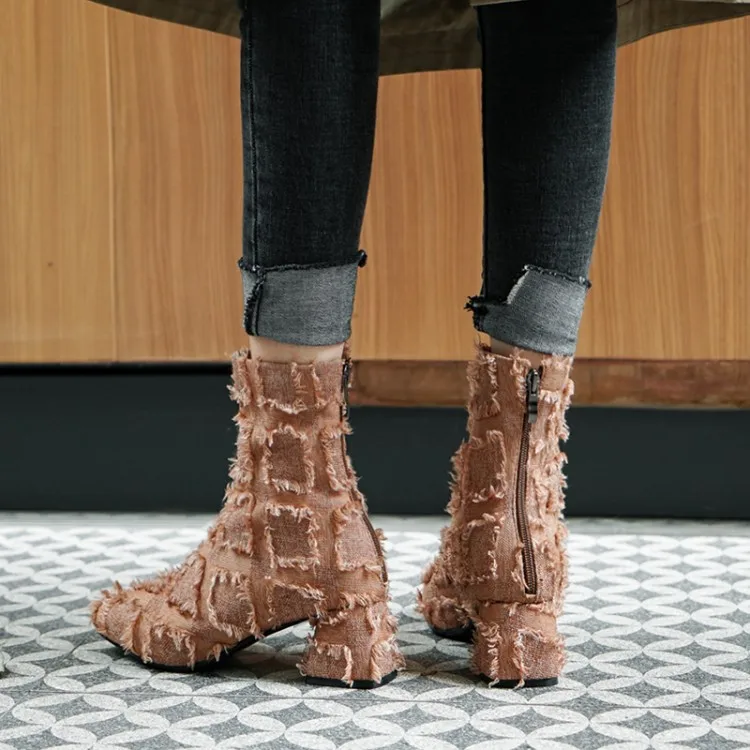 Женские ботинки с бахромой и молнией сзади на толстом каблуке | Обувь