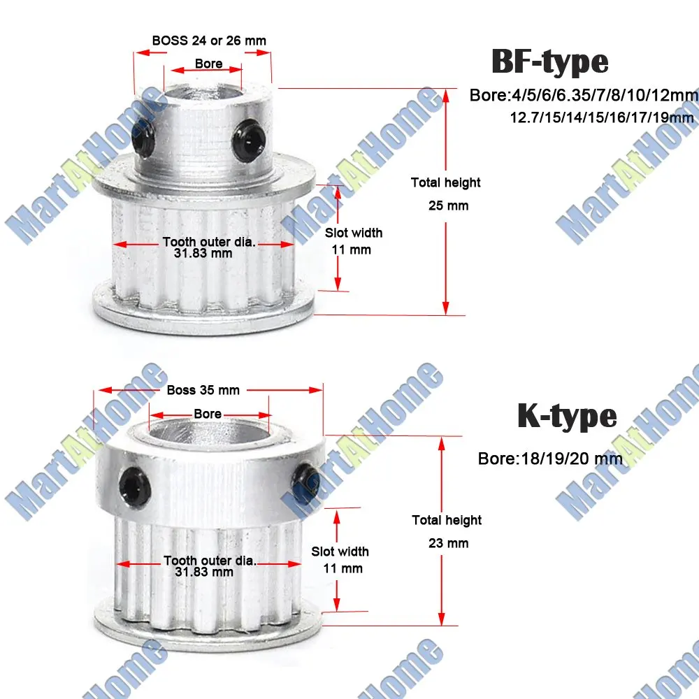 Алюминиевый шкив XL20 20T Ширина 20 зубьев 11 мм BF type/K type Boss 24 мм/26 мм/35 Диаметр