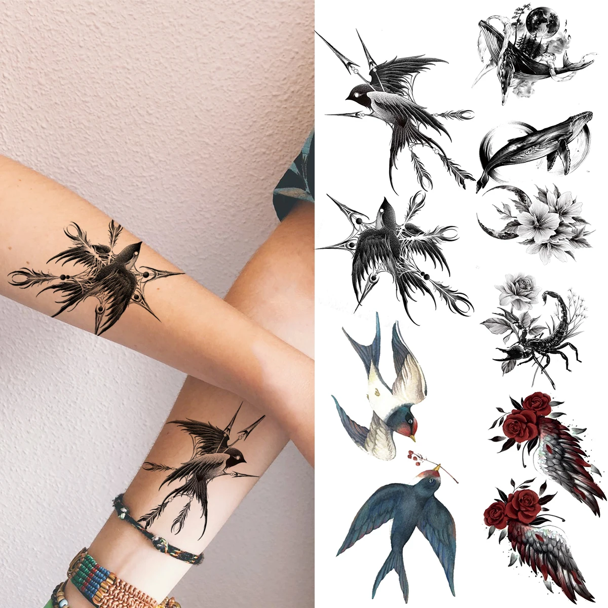 

Realistic Swallow Temporary Tattoos For Women Men Whale Scorpion Wings Fake Tattoo Body Art Water Transfer Tatoos Sticker Wrist