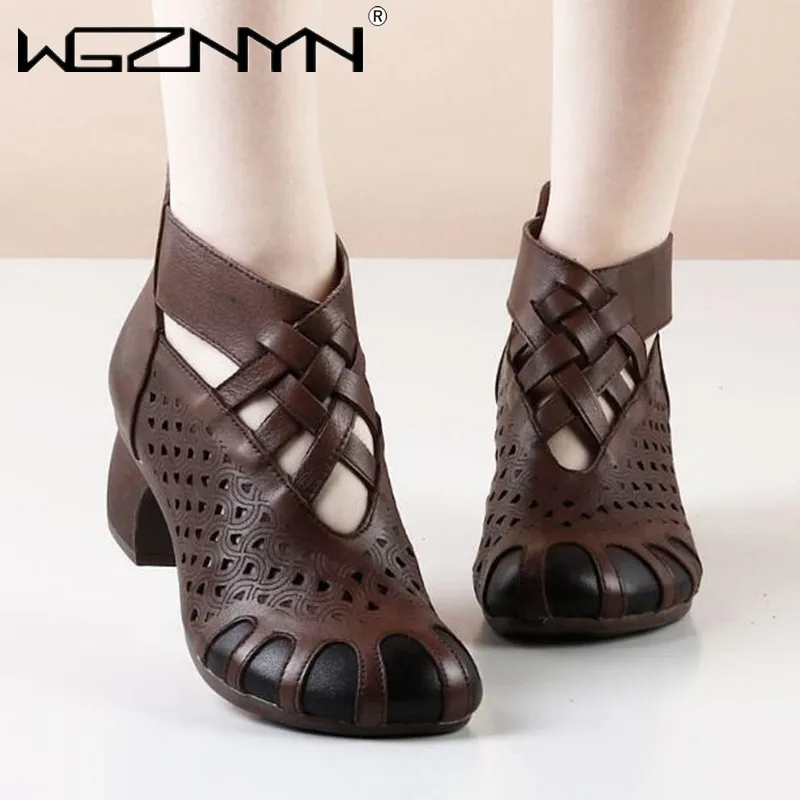 

New Platform Genuine PU Leather Sandals Ladies Hollow Out Gladiator Shoes for Women Casual Retro Mid Heels Sandals for Women