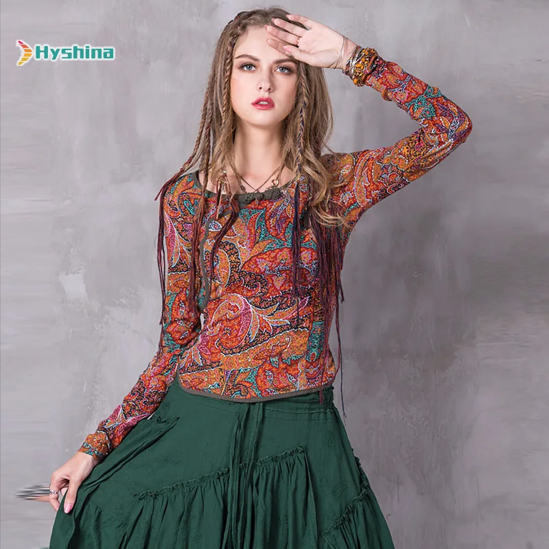 

New Print Top Women's Ethnic Style Button Slim Long Sleeve Shirt