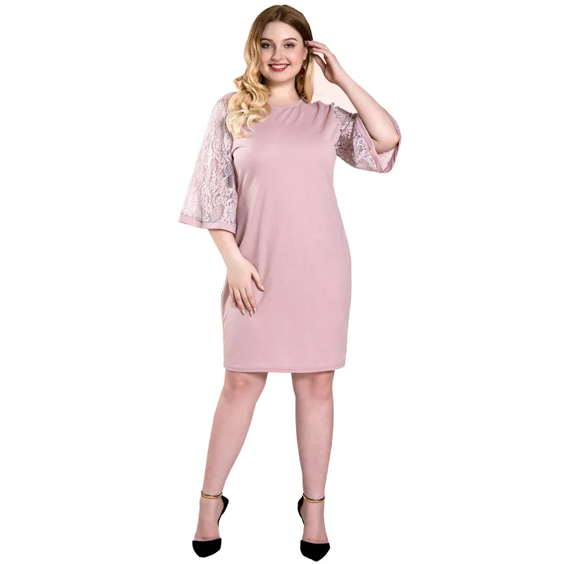 

Plus Size Dresses Summer Dresses 2021 Lace Half Sleeve Pink Dress Solid Color Pencial Bodycon Dress 4xl Midi Knee Lenght O Neck