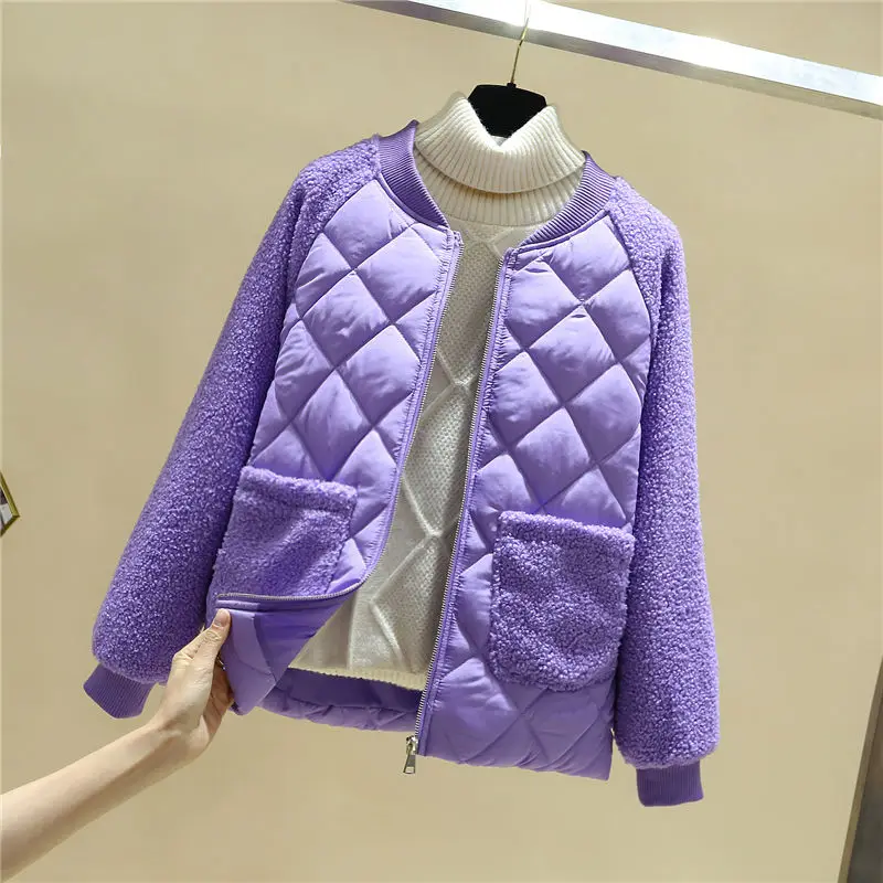 Пальто женское короткое стеганое из овечьей шерсти свободное в Корейском стиле