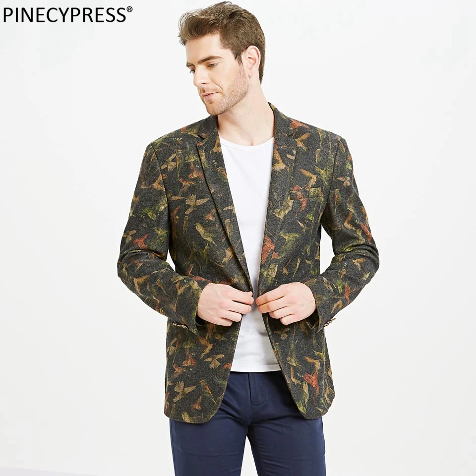 

Easy Care Wearproof Slim 3D Birds Printed Fashion Man Suit Jacket Quality Male Casual Spring One Button Green Vintage Men Blazer