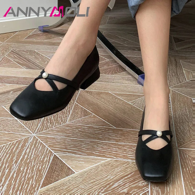 

ANNYMOLI Mary Janes Shoes Woman Natural Genuine Leather Med Heels Pearl Thick Heel Pumps Square Toe Lady Footwear White Size 40