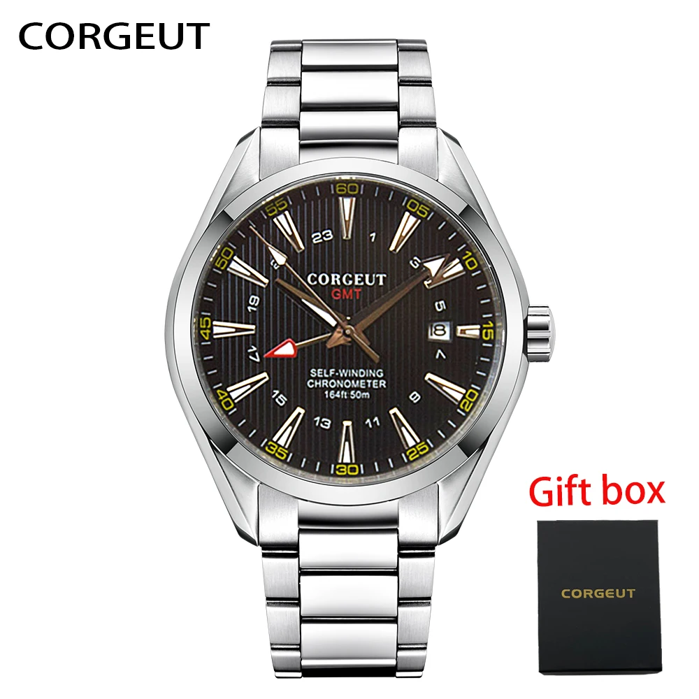 

CORGEUT New GMT Watch Men's Stainless Steel Automatic Mechanical Watch Top Brand Waterproof Calendar Clock Relogio Masculino