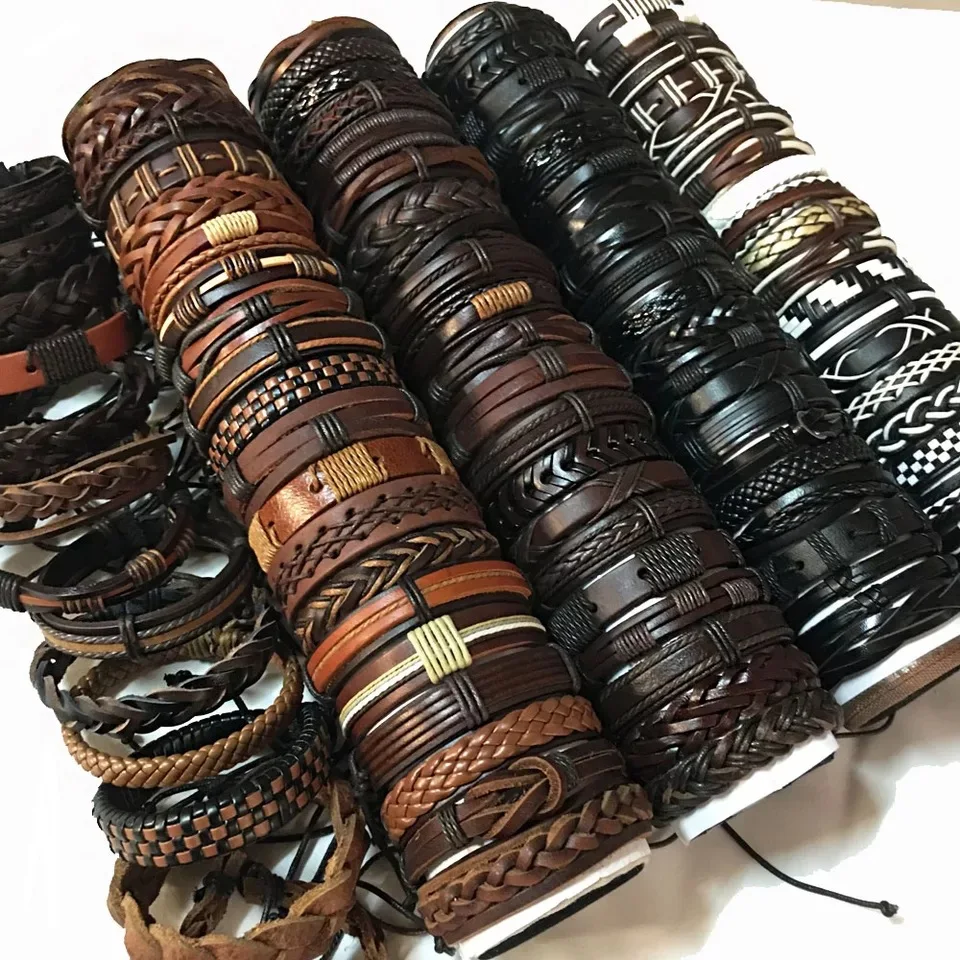 30pcs/Lot Bulk Vintage Leather Charm Bracelets For Men Women Mix Styles Adjustable Bangle Fashion Jewelry in Wholesale