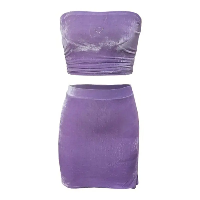 

Womens Sexy 2 Piece Velvet Outfits Strapless Off Shoulder Bandeau Tube Top High Waist Skirt Solid Color Rhinestone Heart Bodycon