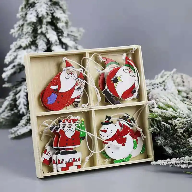 

12 PCS Christmas Decoration Scene Layout Creative Wooden Pendant Christmas Tree Snowflake Santa Claus Decoration Pendant