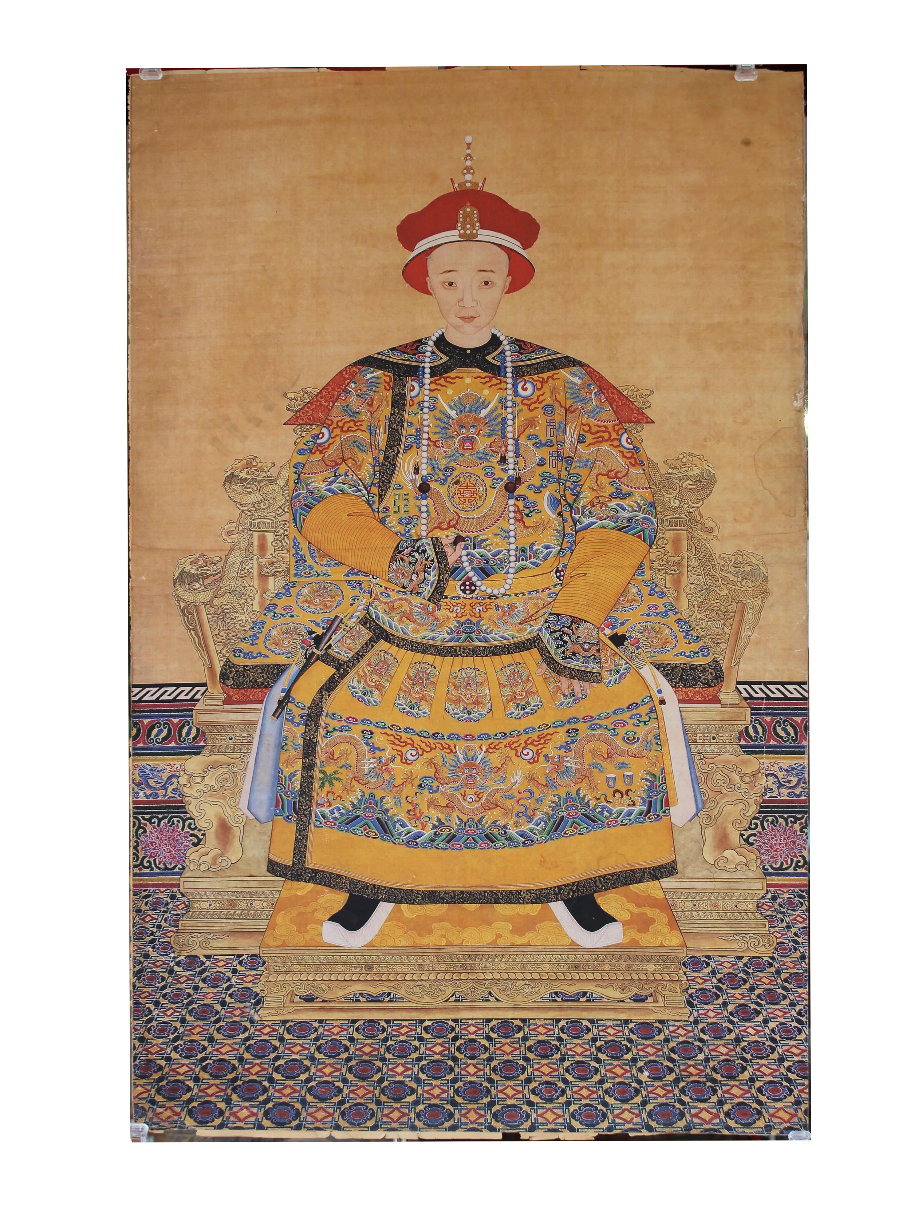 Печатный портрет императора династии Цин на ткани античный вид | Дом и сад